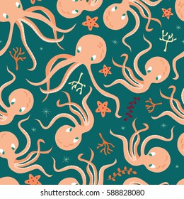 Seamless pattern with underwater ocean animals, cute octopus and starfish, colorful vector illustration