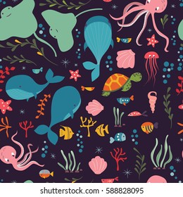Seamless pattern with underwater ocean animals, whale, octopus, stingray, jellysfish, colorful vector illustration