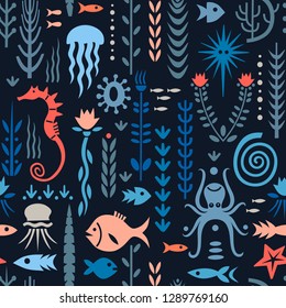 Seamless pattern with underwater plants and animals. Concept for nursery prints, textile, wallpapers. Red and blue palette on a dark background.