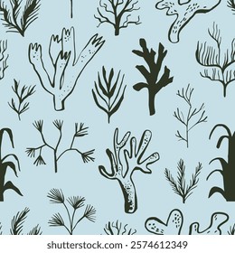 Seamless Pattern with Underwater plants: seaweed, algae, corals. Modern organic wild life doodles. Simple outline ink sketches. Hand drawn sea, ocean creatures. Vector surface. Naive childish style