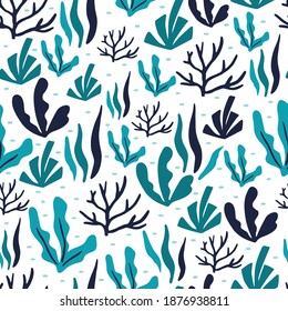 Seamless pattern with underwater plants for the surface design. Simple blue seaweed on white background. Vector flat endless illustration