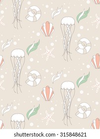 Seamless pattern with underwater scene, jelly fish and star fish, vector illustration