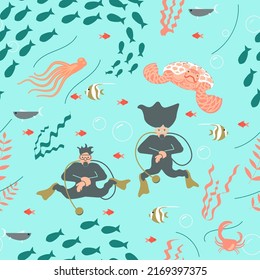 Seamless pattern with underwater scene and Scuba diving people. Man and woman divers on coral reef inhabitants in their natural habitat. Flat Art Vector illustration