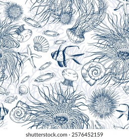 Seamless pattern with underwater scenery, corals and jellyfish. Hand drawn vector illustration on white background.