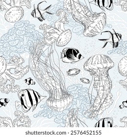 Seamless pattern with underwater scenery and jellyfish. Hand drawn vector illustration on blue background.