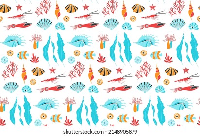 Seamless pattern. Underwater sea  elements shells, fish, coral, shrimp, anemone, see plants, squid. Sea life. Vector flat  illustration.
