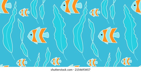 Seamless pattern of underwater sea  elements fish and see plants, Vector illustration