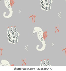 seamless pattern with an underwater sea world with a seahorse. For printing on clothes, paper, posters, wallpaper, textiles, children's accessories