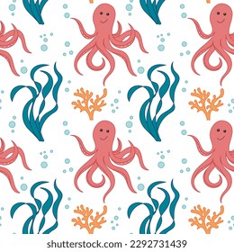 Seamless pattern of the underwater world. Cartoon octopus and seaweed background. Great for printing on fabric, covers, wallpapers, flyers