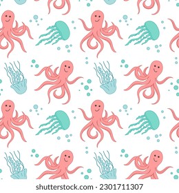 Seamless pattern of the underwater world. Cartoon octopus and jellyfish background. Summer cute nautical illustration for covers, fabric print, wallpapers, brochures