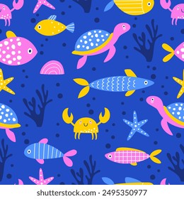 Seamless pattern with the underwater world. Children's print with funny fish, crabs, turtles and sea creatures. Vector illustration