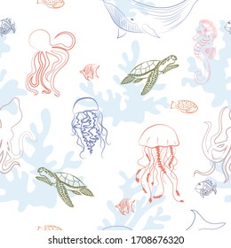 Seamless pattern with underwater world, coral, jellyfish, shells, whale, turtles, octopus, algae and plants. Editable vector illustration.