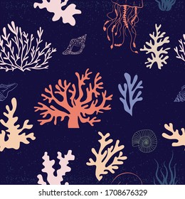 Seamless pattern with underwater world, coral, jellyfish, shells, algae and plants. Editable vector illustration.