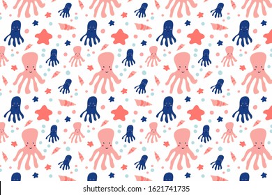 seamless pattern. underwater world. cute octopus on white background. vector illustration