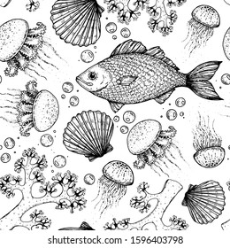 Seamless pattern, Underwater world hand drawn. Sketch illustration. Seaweed, coral, seashells, starfish, jellyfish, fish illustration. Vintage design template. Undersea world. Black and white style.
