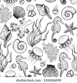 Seamless pattern. Underwater world hand drawn. Sketch illustration. Seaweed, coral, seashell, jellyfish illustration. Vintage design template. Undersea world collection. Black and white style.