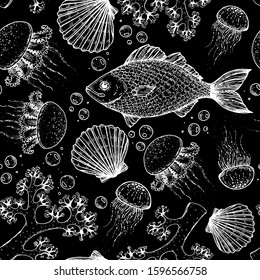 Seamless pattern, Underwater world hand drawn. Sketch illustration. Seaweed, coral, seashells, starfish, jellyfish, fish illustration. Vintage design template. Undersea world. Black and white style.