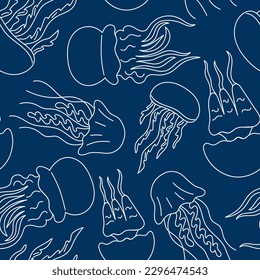 Seamless pattern of the underwater world. Hand drawn white outline of swimming jellyfish on a dark background. Summer marine background with doodle meduses