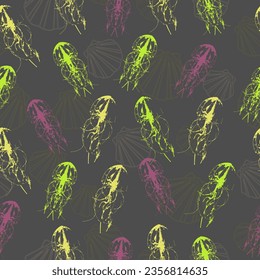 seamless pattern underwater world of jellyfish vector illustration.   Hand drawn line art. Wallpaper, textile, print design