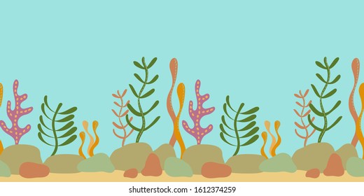 Seamless pattern the underwater world  landscape and seaweed  Silhouette image plants in flat cartoon style  Hand drawn vector illustration