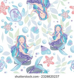 
Seamless pattern underwater world. Mermaids, shells, stars, 
seaweed. Vector illustration.