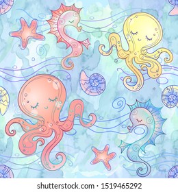 Seamless pattern underwater world of octopus and seahorse. Watercolor. Vector.