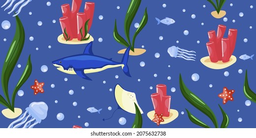 Seamless pattern underwater world on blue background. Design marine banner with cute fish, starfish, jellyfish, shark,corals . Vector textile print of ocean. Illustration template for fabric.