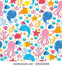 seamless pattern underwater world set with fish, dolphin, crab, seaweed, coral, starfish, seashells. ocean for children. cute fish for children