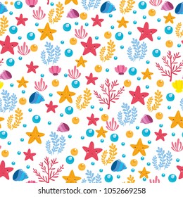 seamless pattern underwater world set with fish, dolphin, crab, seaweed, coral, starfish, seashells. ocean for children. cute fish for children