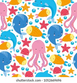 seamless pattern underwater world set with fish, dolphin, crab, seaweed, coral, starfish, seashells. ocean for children. cute fish for children