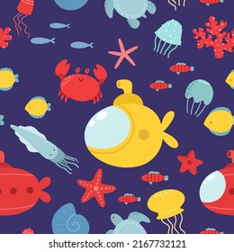 Seamless pattern with underwater world and submarine. Vector print. Marine theme.
