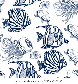 seamless pattern, underwater world, tropical fish, jellyfish, hand drawing vector