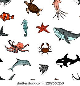 Seamless pattern of underwater world. Vector cartoon background. Hand-drawn style.
