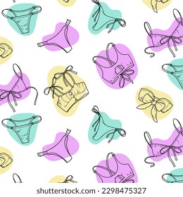 Patrón de ropa interior impecable en tonos pastel sobre un fondo blanco. Ropa interior femenina. Bragas, bikinis y sostenes. Ilustración del vector