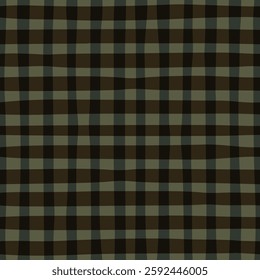 Seamless pattern with uneven vertical and horizontal lines in dark green, khaki and light green, creating a textured grid