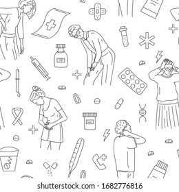 patrón transparente de gente infeliz que sufre dolor o dolor. Un grupo de personas enfermas que pierden la conciencia, tosan, sostienen el vientre, tienen dolor de cabeza. Ilustración de vectores aislada en plano blanco
