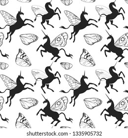 Seamless pattern. Unicorn with butterfly wings. Pegasus silhouette isolated on white background. Unicorn logo.