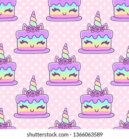 Seamless pattern with unicorn cake, on pink polka dot background. Excellent design for packaging, wrapping paper, textile, clothes etc.