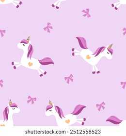 Seamless pattern with unicorn cartoon and ribbon bow on purple background vector. Cute childish print.