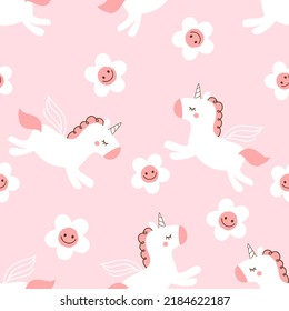 Seamless pattern with unicorn cartoons and daisy flower on pink background vector illustration. Cute childish print.