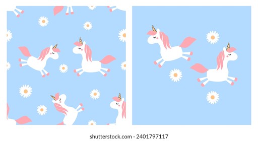 Seamless pattern with unicorn cartoons and daisy flower on blue background vector.