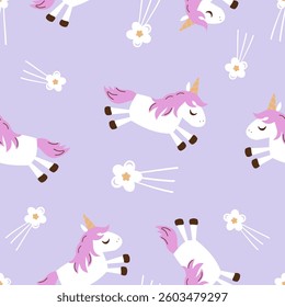Seamless pattern with unicorn cartoons and flower star shape on purple background vector.