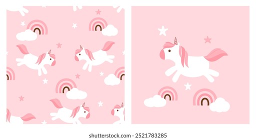 Seamless pattern with unicorn cartoons, rainbow, star and cloud on pink background. Unicorn cartoon vector.