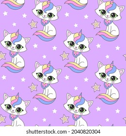 Seamless pattern with unicorn cats. For children's design of wallpapers, backgrounds, fabrics, wrapping paper, scrapbooking, etc. Vector