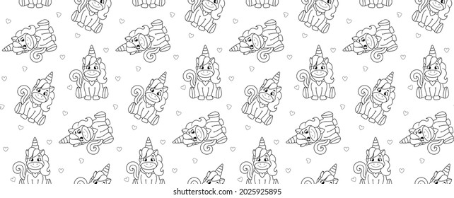 seamless pattern unicorn for children, black outline isolated on white background. for printing on fabric, poster, child's drawing, vector illustration 