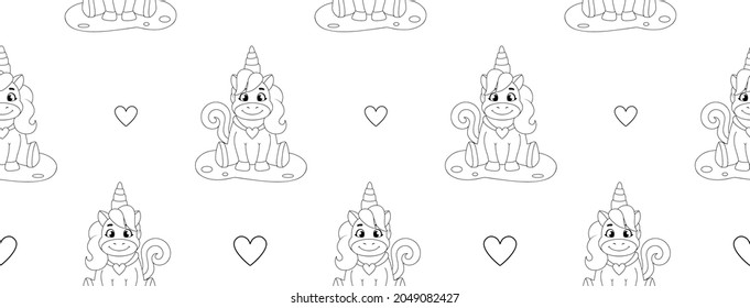 unicornio de patrón ininterrumpido para niños, contorno negro aislado en fondo blanco. para imprimir en tela, afiche, dibujo infantil, ilustración vectorial 