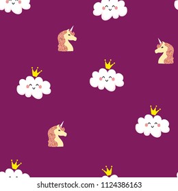 Seamless pattern with a unicorn and a cloud in the crown. Magic background for the children's room.