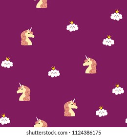 Seamless pattern with a unicorn and a cloud in the crown. Magic background for the children's room.