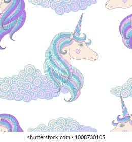 Seamless pattern with unicorn and cloud.  Cute magic cartoon fantasy cute animal. Dream symbol. Design for children.