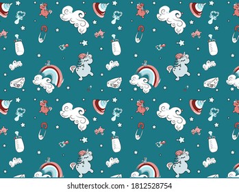  Seamless pattern with unicorn, clouds, milk bottle,diaper and rainbow. Vector illustration. 